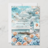 Pastel Coastal Lighthouse Ocean Wedding Kaart (Voorkant)