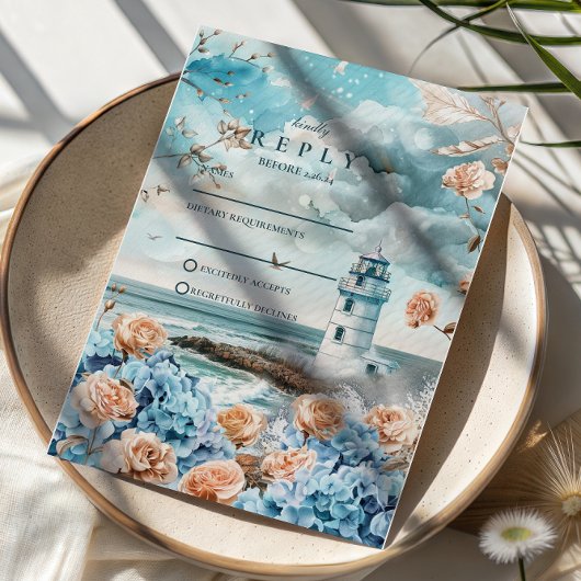 Pastel Coastal Lighthouse Ocean Wedding RSVP Kaartje