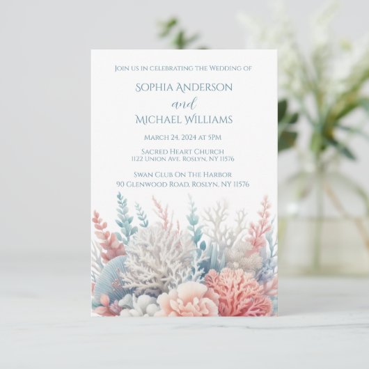 Pastel Coral-Beach thème de mariage Invitation (Debout devant)