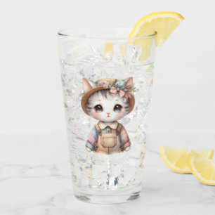 Pastel Cottagecore Cat in Overalls & Straw Pet Glas
