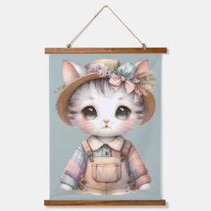 Pastel Cottagecore Cat in Overalls & Straw Pet Hangend Wandkleed