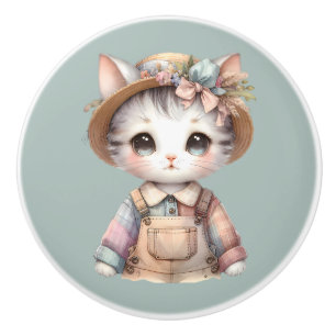 Pastel Cottagecore Cat in Overalls & Straw Pet Keramische Knop