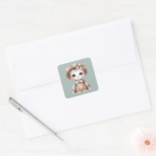 Pastel Cottagecore Cat in Overalls & Straw Pet Vierkante Sticker