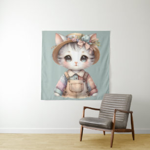 Pastel Cottagecore Cat in Overalls & Straw Pet Wandkleed