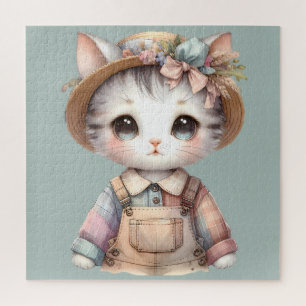 Pastel Cottagecore Kat in Overall en Strohoed Legpuzzel