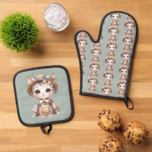 Pastel Cottagecore Kat in Overall en Strohoed Ovenwant & Pannenlap Set