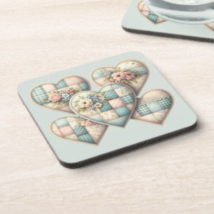 Pastel Cottagecore Patchwork Harten Bier Onderzetter