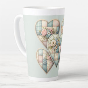 Pastel Cottagecore Patchwork Harten Latte Mok