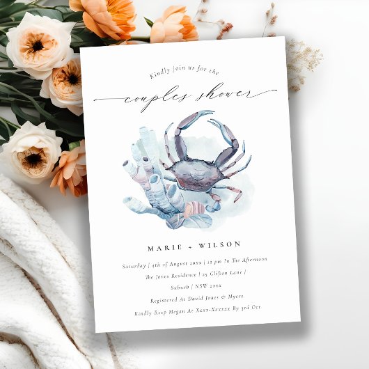 Pastel Crab Coral Nautique Couples Invitation douc
