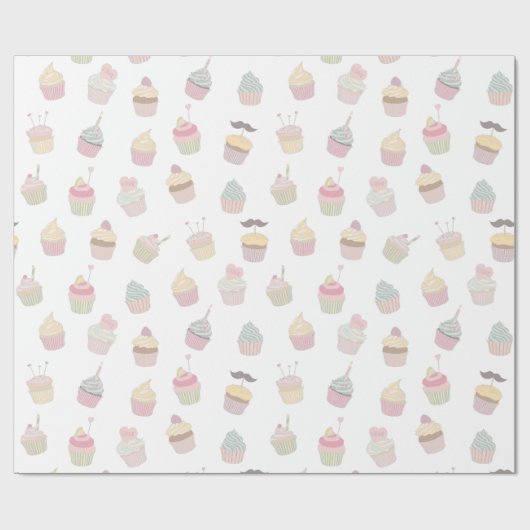 Pastel Cupcake Mustache Pattern Cadeaupapier (Vlak)