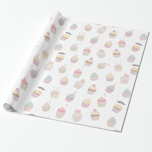 Pastel Cupcake Mustache Pattern Cadeaupapier (Uitgerold)