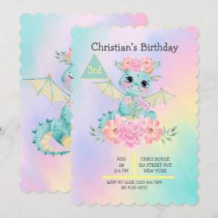 Pastel Cute Blauwgroen Dragon Girls Birthday Party Kaart