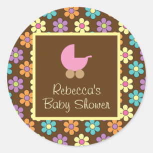 Pastel Daisy Pattern Bruin met Roze Baby Carriage Ronde Sticker