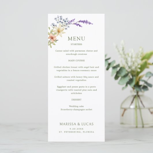 Pastel Delicate Fleur sauvage Menu Mariage (Debout devant)
