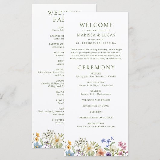 Pastel Delicate Fleur sauvage programme de mariage (Devant / Derrière)