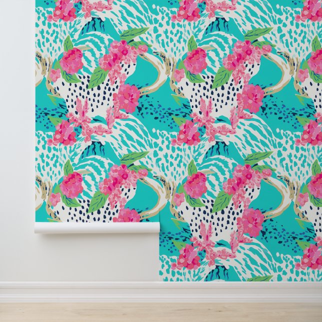 Pastel dierenprint met bloemen behang (Applicatie)