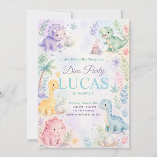Pastel Dinosaur Birthday Invitation Editable (Devant)
