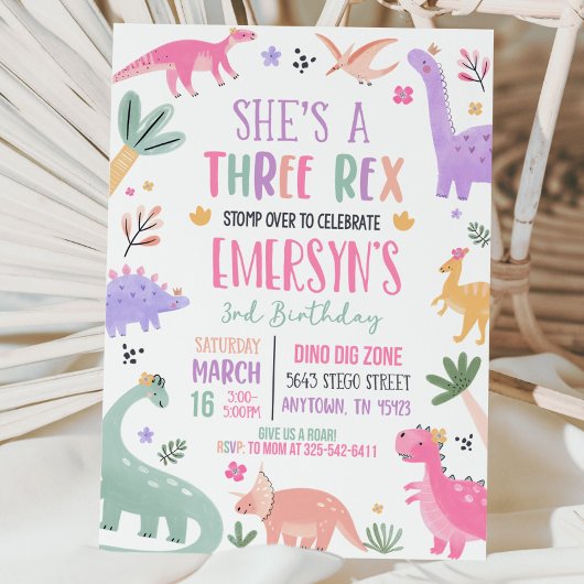 Pastel Dinosaur Invitation Anniversaire Fille Troi