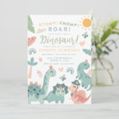 Pastel Dinosaurus Stomp Chomp Roar 1e verjaardag Kaart (Staand voorkant)