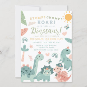 Pastel Dinosaurus Stomp Chomp Roar 1e verjaardag Kaart