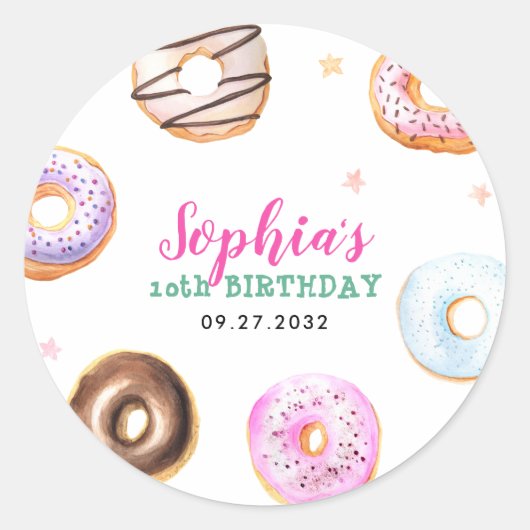 Pastel Donut Ster Strooide Pink Script Verjaardag Ronde Sticker (Voorkant)