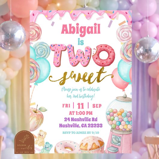 Pastel Donut Two Sweet 2nd Birthday party Invitati Kaart