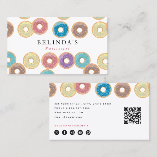 Pastel Donuts & Sprinkles banketbakker QR Code Visitekaartje (Voorkant / Achterkant)