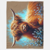 Pastel Drawing Highland Koe Blauwe Bloemen Fleece Deken (Voorkant)