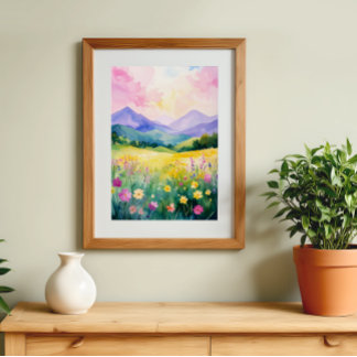 Pastel Droomlandschap Bloeiende Heuvels Muurkunst Poster