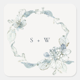 Pastel Dusky Blue Floral Wreath Weddenschap Monogr Vierkante Sticker