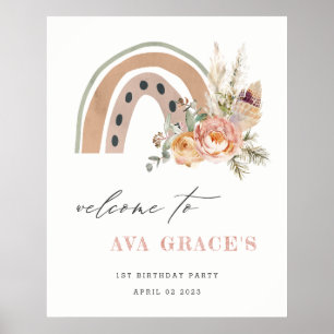 Pastel Dusky Boho Floral Rainbow Birthday Welcome Poster
