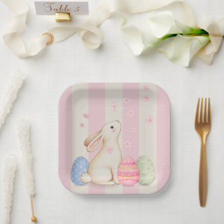 Pastel Easter Bunnies, Egg, and Chiks Paper Plates Papieren Bordje