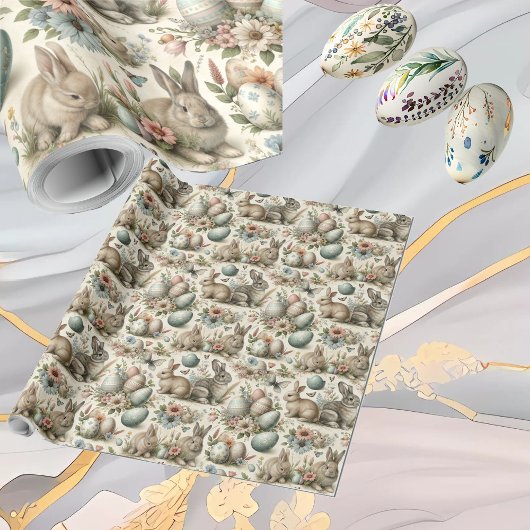 Pastel Easter Bunny Decorative Eggs Spring Floral Cadeaupapier