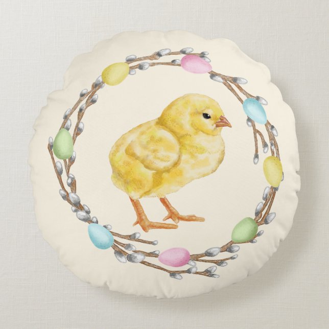 Pastel Easter Willow Wreath With Baby Chick Rond Kussen (Voorkant)