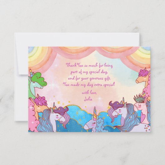 Pastel Eenhoorn regenbogen Kinderverjaardag Bedankkaart (Voorkant)