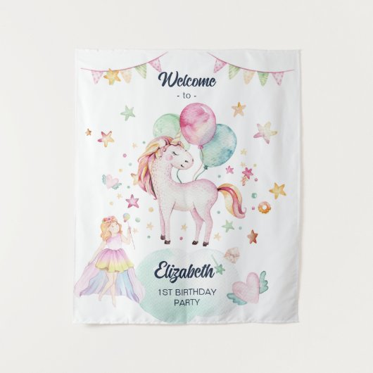 Pastel Fee Ballon Eenhoorn Meisje Verjaardag Welko Wandkleed (Voorkant)