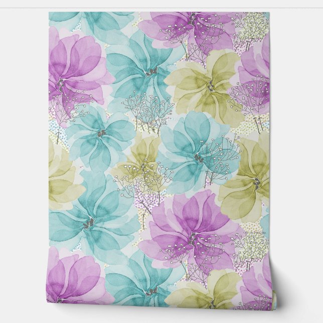 Pastel fee bloemen en witte baby's adem behang (Afrollen)