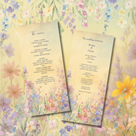 Pastel Fleur sauvage Meadow Barne Mariage menu