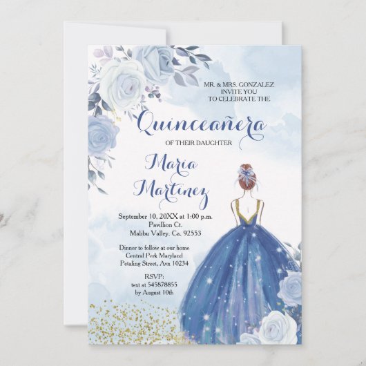 Pastel Fleurs Bleues Quinceañera Invitation (Devant)
