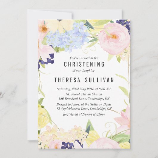 Pastel Fleurs de Printemps Christening Invitation (Devant)