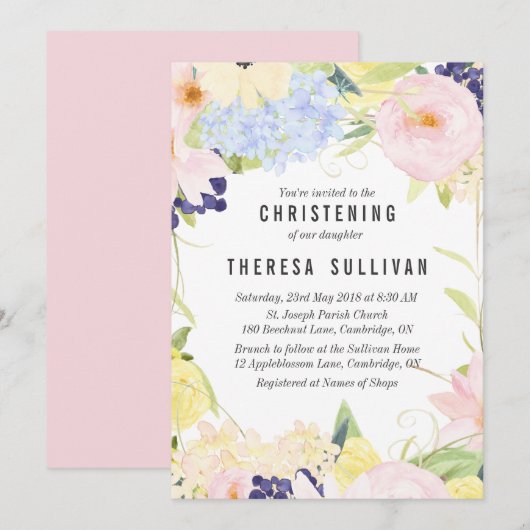 Pastel Fleurs de Printemps Christening Invitation (Devant / Derrière)