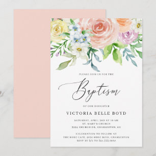 Pastel Floral Coral Peach Baby Girl Baptisme Kaart