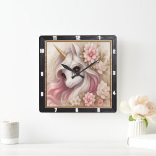 Pastel Floral Dreamy Unicorn Vierkante Klok