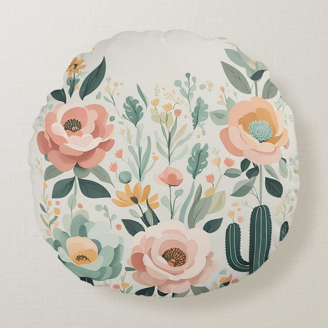 Pastel Floral Fiesta Rond Kussen (Voorkant)