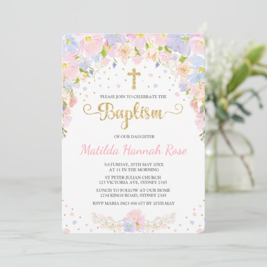 Pastel Floral Girl Baptême Christening Invitation (Debout devant)