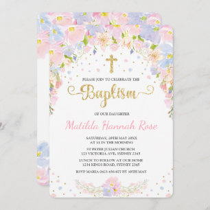 Pastel Floral Girl Baptism Christening Invitation