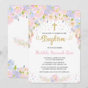 Pastel Floral Girl Baptism Christening Uitnodiging