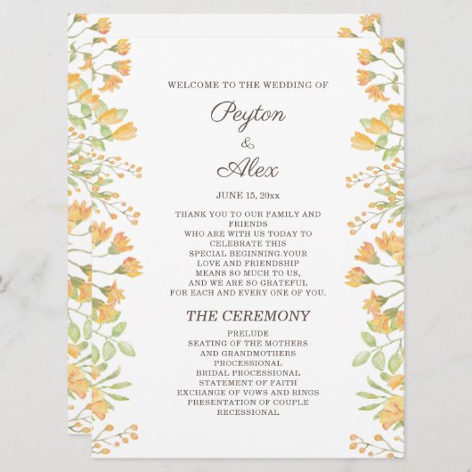 Pastel Floral Jaune Programme de mariage à 2 faces (Devant / Derrière)