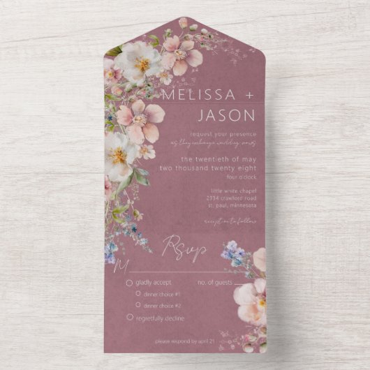 Pastel Floral Modern Dusty Pink Dinner All In One Uitnodiging (Binnen)