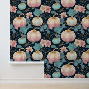 Pastel Floral Pumpkin Patch op Donkerblauw Behang